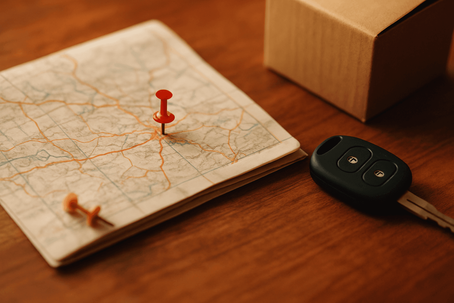 A paper map with a pushpin moved to a new location next to a car key and a moving box