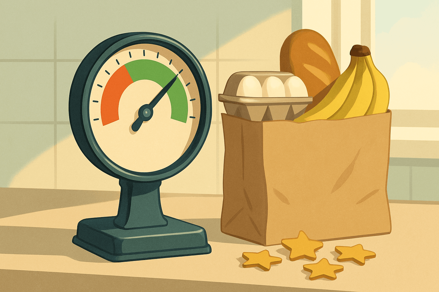 A dial gauge with the needle in the green zone next to a paper grocery bag and gold star tokens on a counter