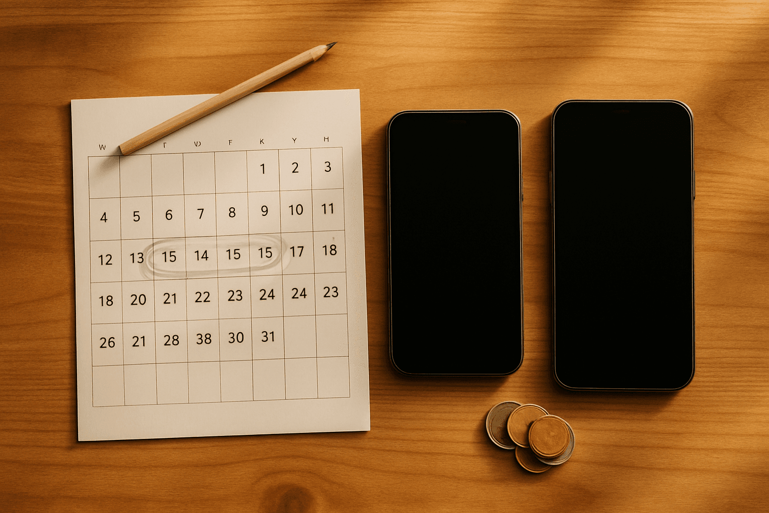 A calendar with a circled deadline window next to two phones and a small stack of coins, representing a referral bonus timeline
