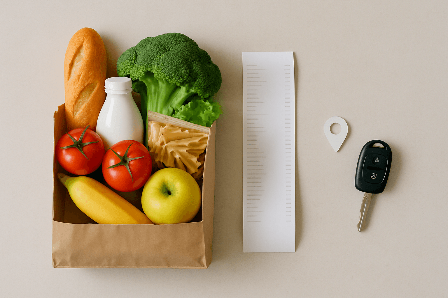 A packed grocery bag and receipt on a counter, with a car key set apart to show the delivery drive is not part of the job