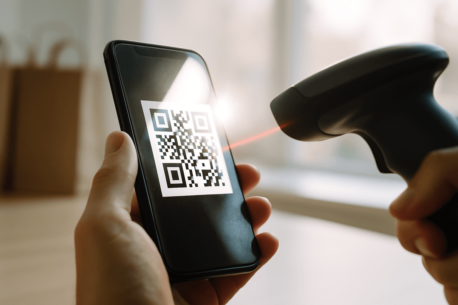 A hand holding a phone with a square pattern code toward a red scanner beam while glare covers part of the screen