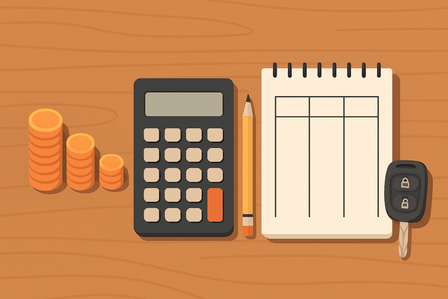 A row of coin stacks shrinking from left to right next to a calculator, pencil and car key on a notepad.