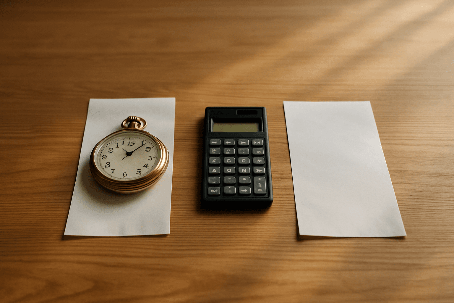 Two paper receipts with a calculator and a stopwatch between them on a desk, representing comparing pay per hour