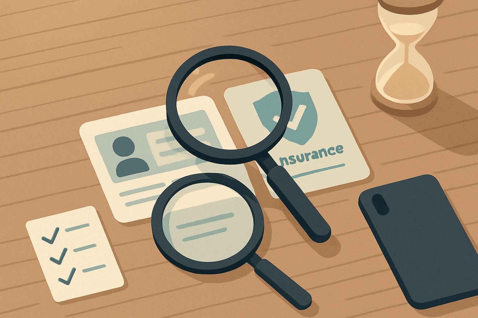A magnifying glass over ID and insurance cards next to a checklist and a sand timer on a desk