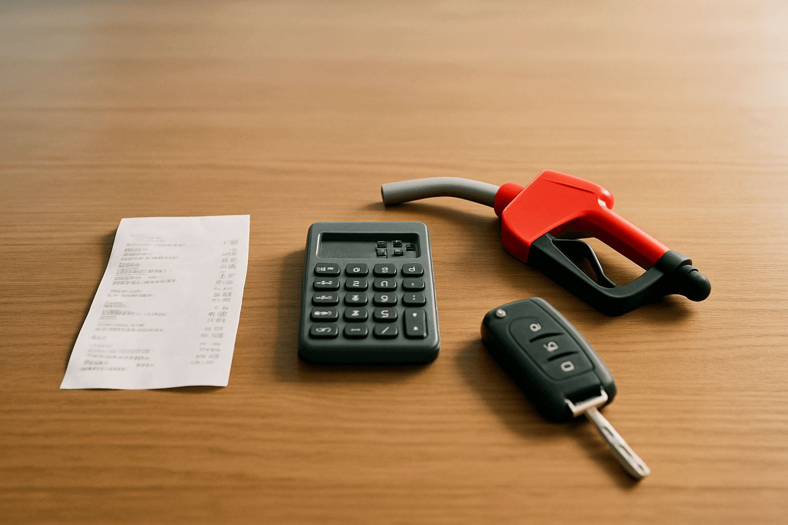 A receipt, calculator, gas pump nozzle and car key on a table, representing the real costs behind gig earnings
