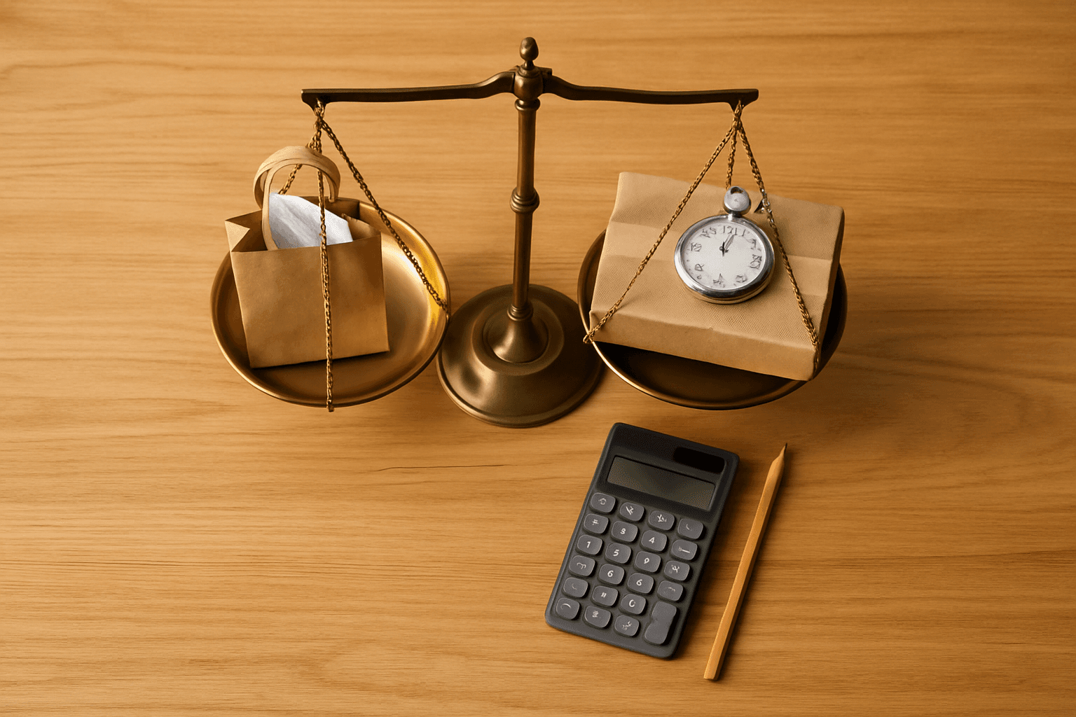 A balance scale weighing a grocery bag with a receipt against a delivery box with a stopwatch, next to a calculator.